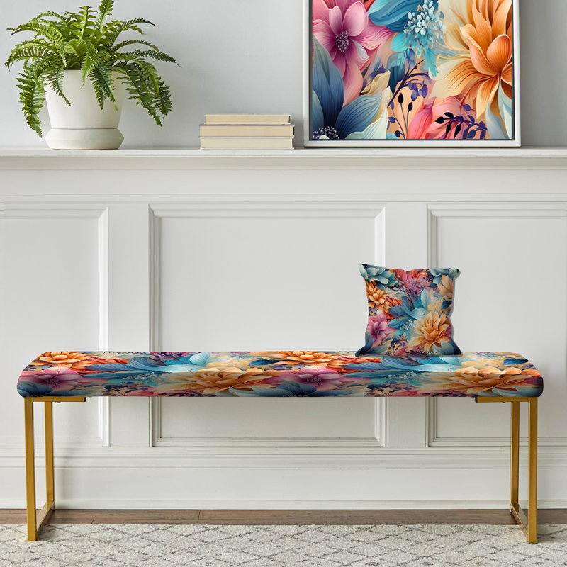 Upholstered Gold Bench, Pink And Blue Boho Paisley Playfulness