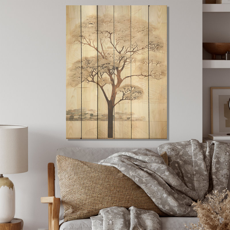 African Beige Tree Minimalism I - Tree African Wood Art On Natural Pine Wood, 20" H x 10" W