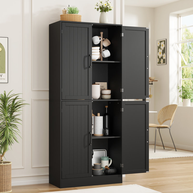 71" Farmhouse Pantry Cabinet, Tall Storage Cabinet With 4 Doors And Adjustable Shelves, Freestanding Pantry For Dining Room, Kitchen, And Living Room, Black