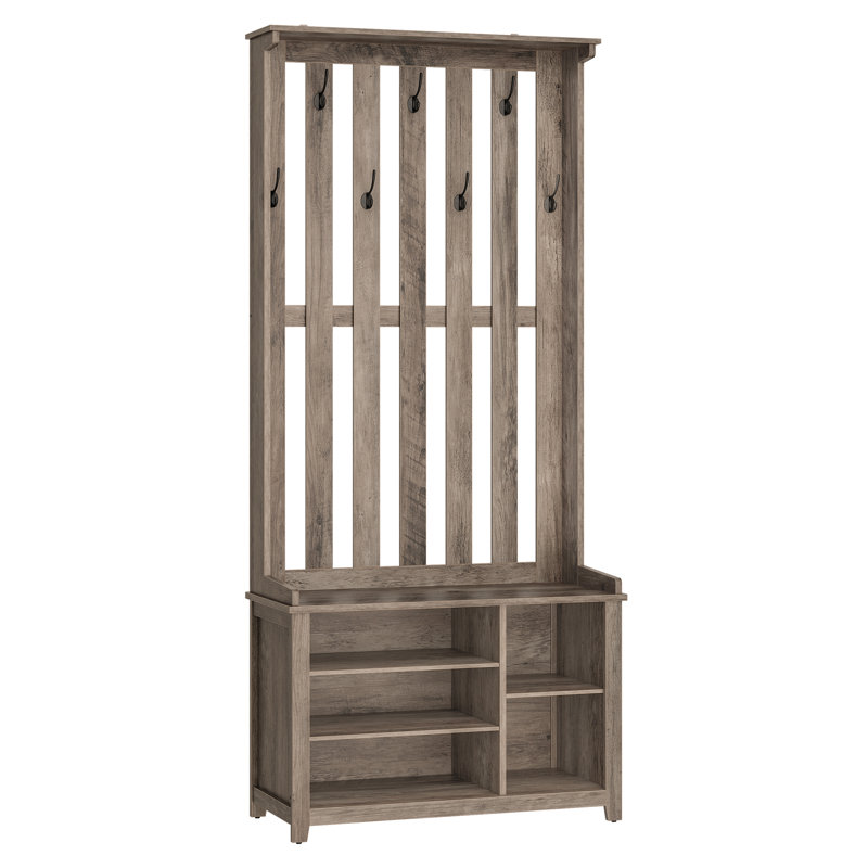 Hall Tree With Bench And Shoe Storage, 7 Double Hooks, Heather Greige