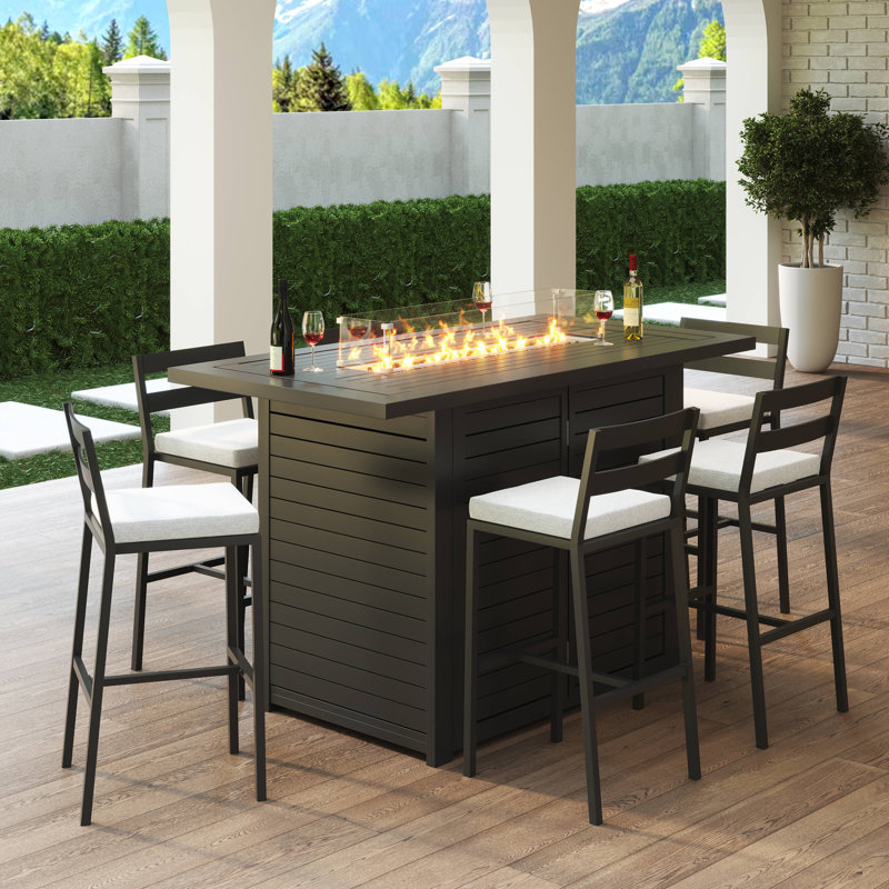 7-Piece Patio Dining Bar Set Aluminum Rectangular Fire Pit Table With Tank Holder And 6 Barstool With Removable Cushions Chelsea Collection