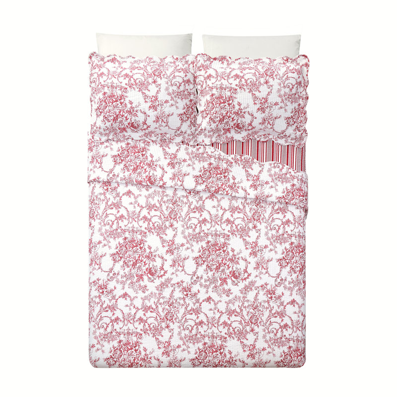 Red Full/Queen Cotton Reversible Quilt Set with Floral Print