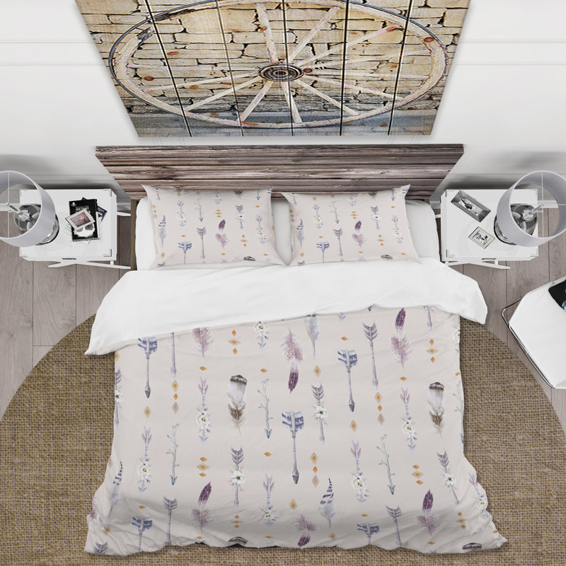 Ensemble de housse de couette Bohème mauve avec fleurs blanches Boho - microfibre de polyester