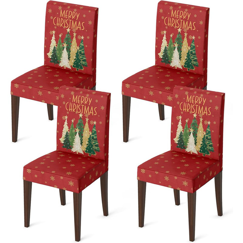 Housses de chaises de Noël - Rouge / Pin et motif d'étoiles - Tissu extensible / Housses amovibles et lavables / Décoration de salle à manger