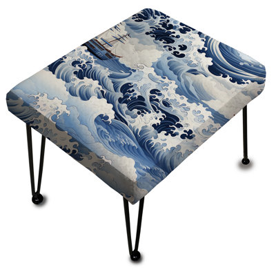 Navire bleu et blanc vintage avec vagues orageuses - repose-pieds rectangulaire bord de mer