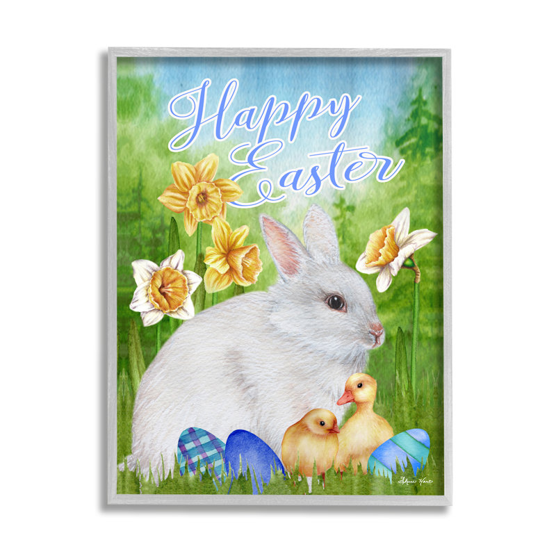 " Happy Easter Spring Bunny Rabbit Phrase Baby Chicks " by Sheri Hart, 11" H x 14" W, Farmhouse Gray Framed Giclee