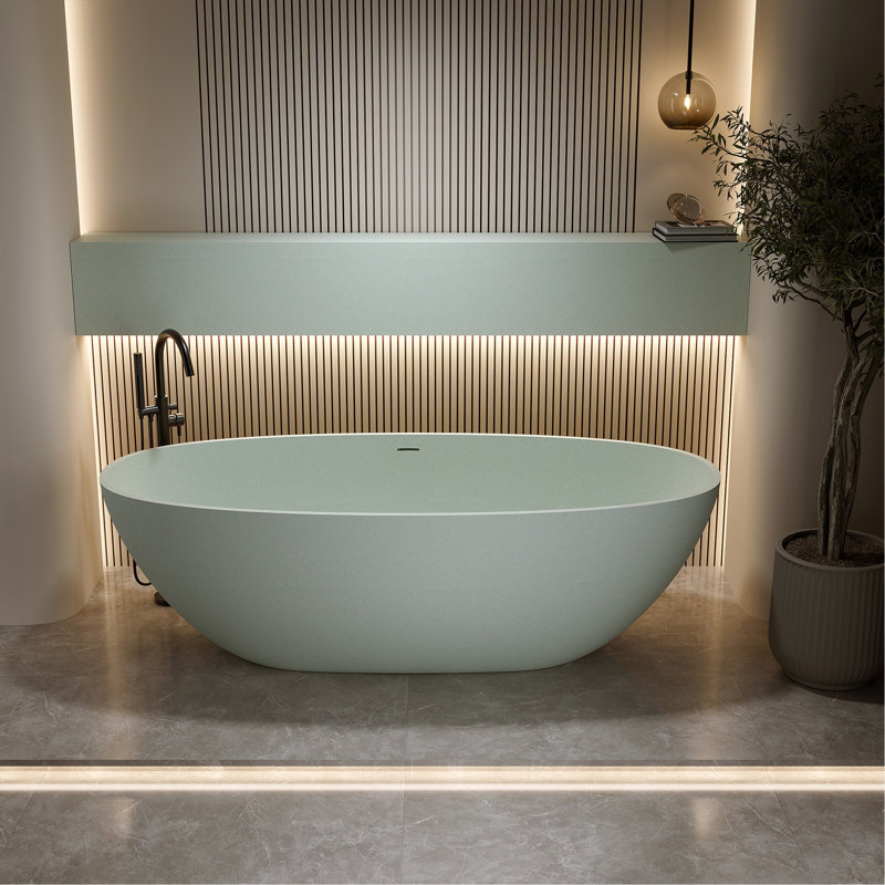 63″Solid Surface Matte Tub, Solid Surface Soaking Tub, Stone Resin Freestanding Bathtub, Thick Edge Stand Alone Tubs With Overflow, Pop-Up Drain, Matte White (Oval)