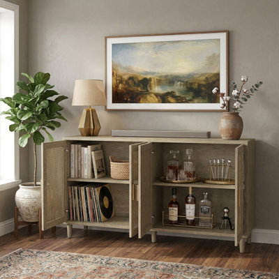 70" Wide Rattan Buffet Cabinet with 4 Doors and Adjustable Shelves, Sideboard Storage for Kitchen, Living Room, Dining Room, Natural