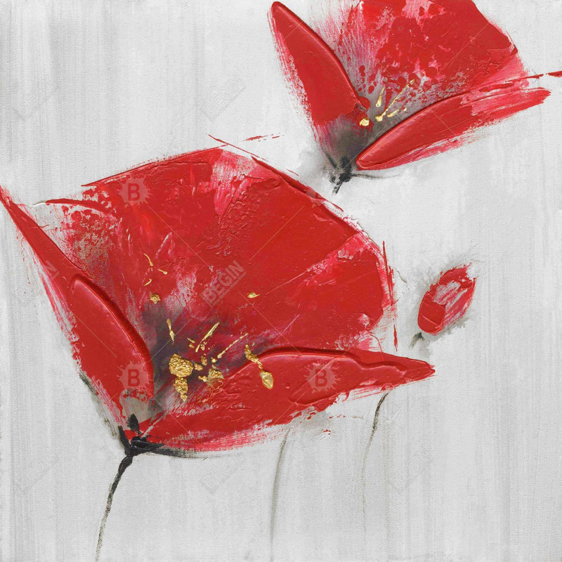 Trois fleurs rouges avec centre doré - art sur toile botanique, Gris / rouge, Brun