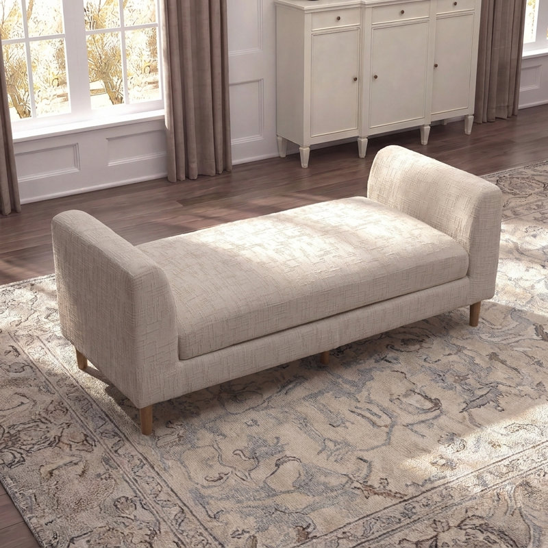 Banc moderne de 83 po de largeur avec accoudoirs et 2 traversins, Beige