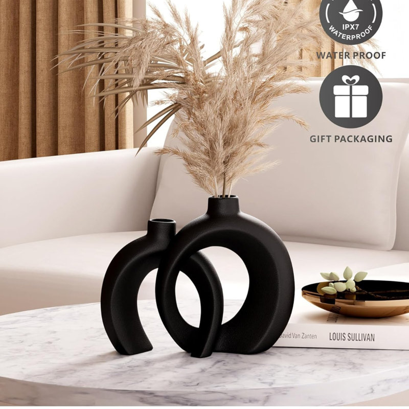 Set Of 2 Matte Black Donut Vases