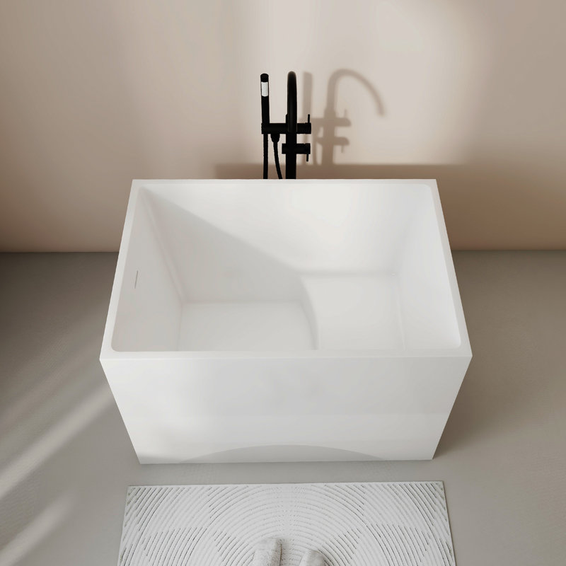 HIGEINE 39" Acrylic Freestanding Bathtub with Seat, Acrylic Japanese Soaking Bathtubs with Drain & Integrated Slotted Overflow Matte White