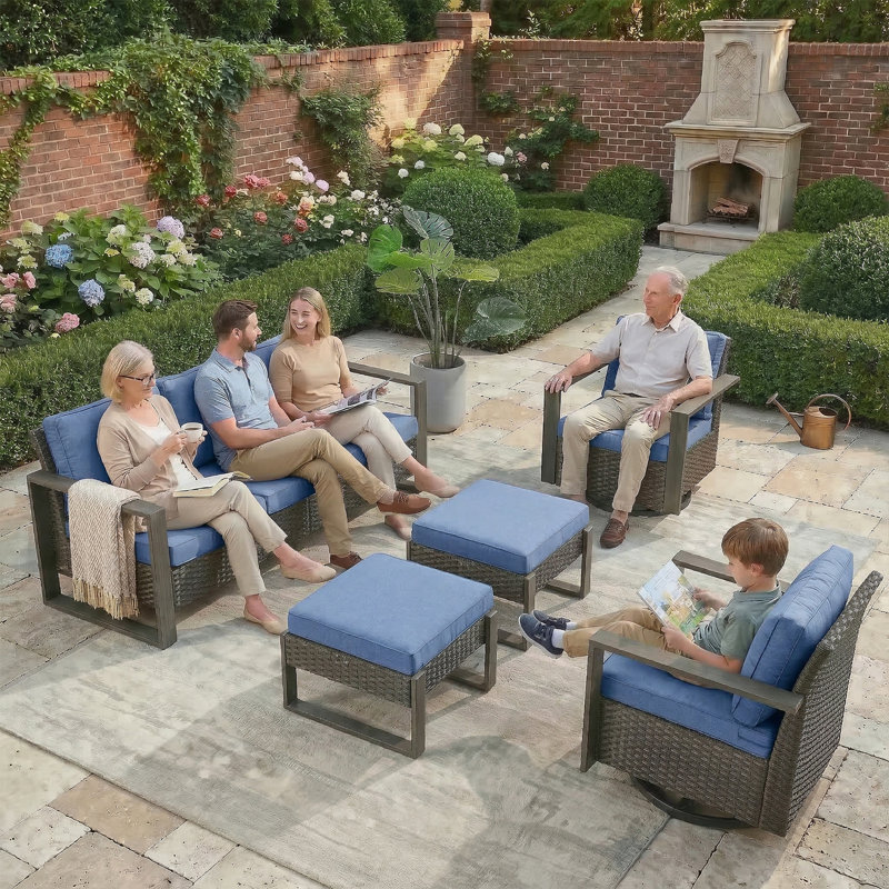 Drazen Wicker Steel Outdoor Seating Group, Gray, Blue