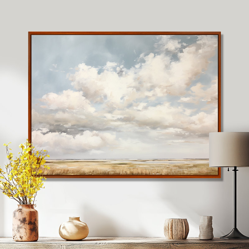 Nuage blanc paysage minimaliste - décoration murale nuages, H 12 po x l 20 po x P 1 po, Cadre flottant brun