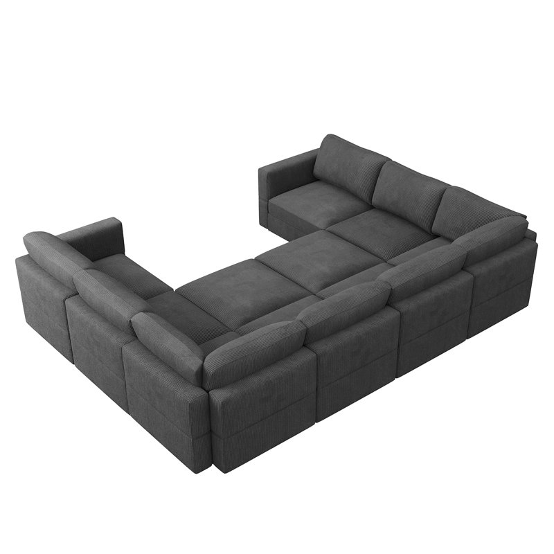 Abramson Gray U-shaped Corduroy Sectional Sofa With Adjustable Armrest And Storage, Gray Corduroy