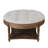 Large round ottoman coffee table in light grey, 2-tier design with button tufted top & wood storage shelf