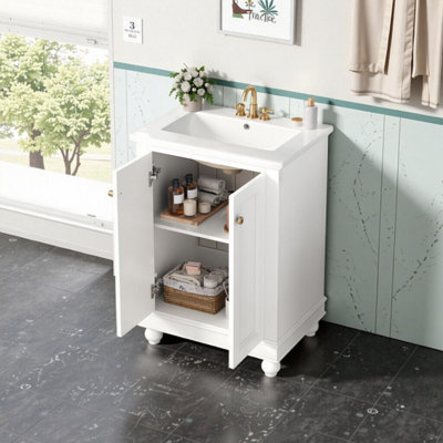 Meuble-lavabo simple 24 po avec lavabo en céramique, tablette ouverte, 2 tiroirs 24 po