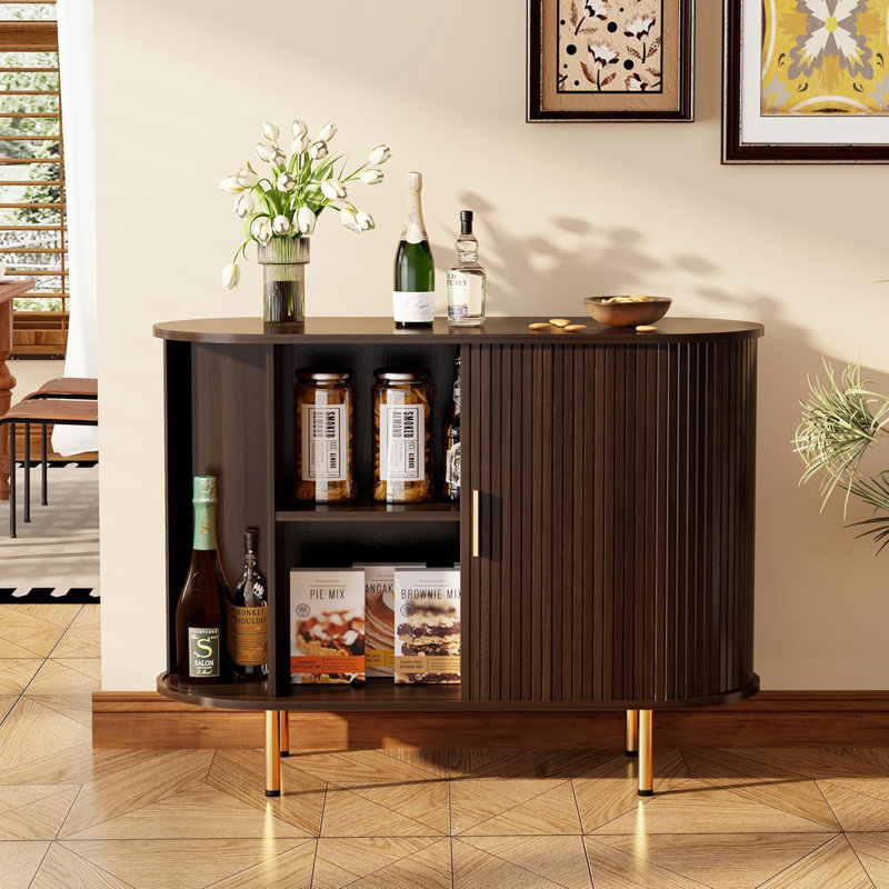 Mid-Century Modern Sideboard With Tambour Sliding Doors, 40-Inch Coffee Bar Cabinet With Adjustable Shelf,  Dark Walnut