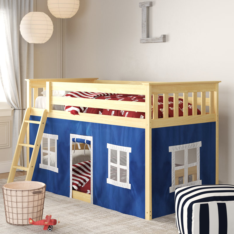 Mendelson Kids Low Bunk Bed with Curtain, Natural, Blue