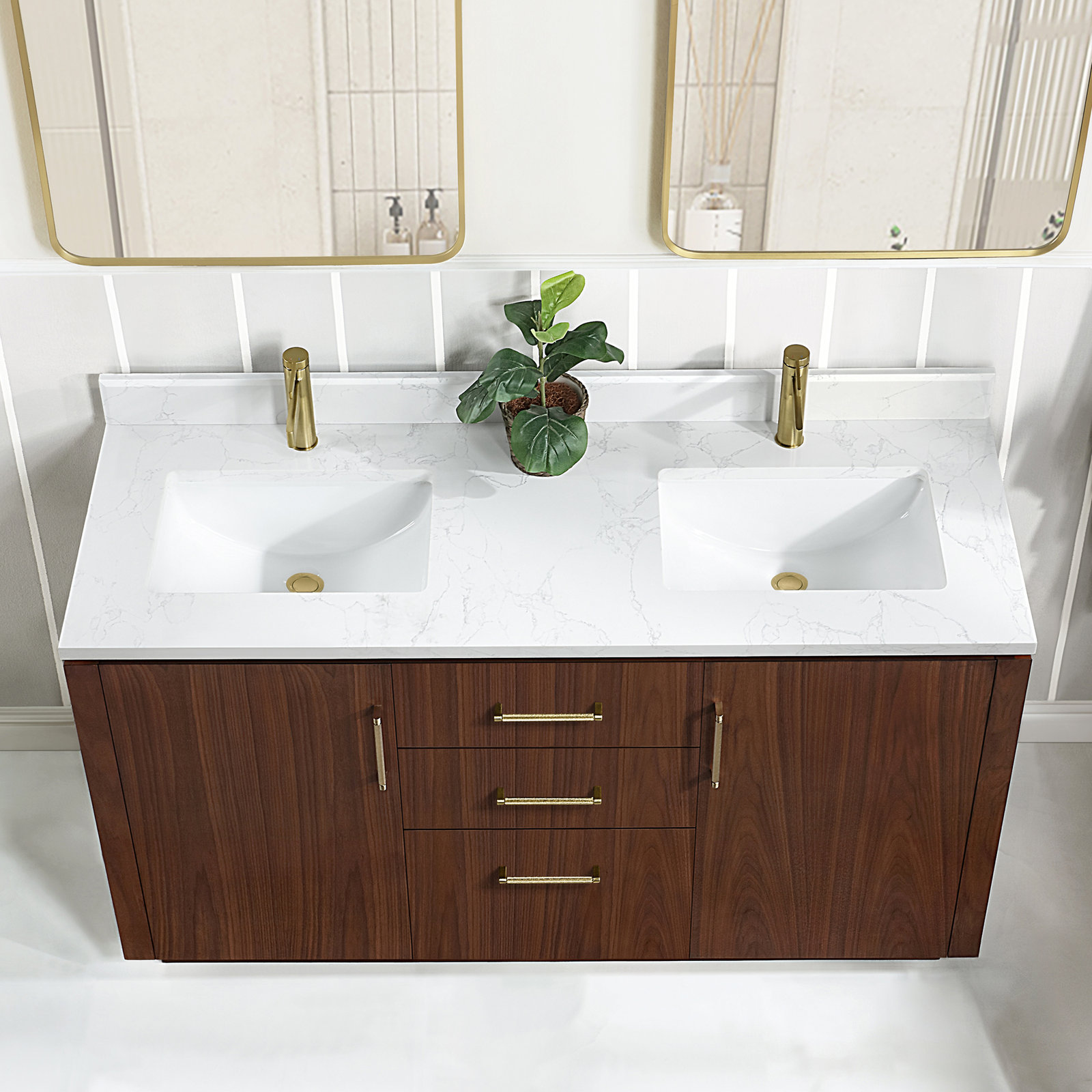 Cloverfield 60'' Double Bathroom Vanity, Natural Walnut, Gold