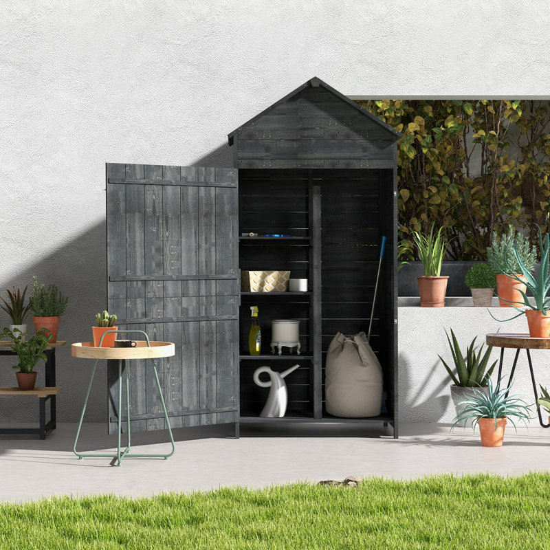 Grey Wooden Garden Shed | 4-Tier Outdoor Storage Cabinet With 3 Shelves, Lockable 2 Doors For Gardener Tools & Utility