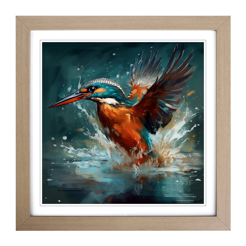 Kingfisher Liquify - Single Picture Frame Print on Wood, Oak