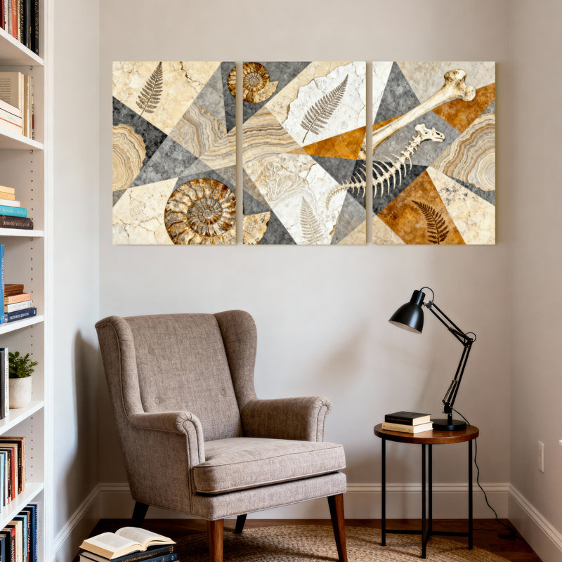 Ensemble de 3 tableaux abstraits géométriques à motifs de fossiles et de fougères, sur toile tendue., H 30 po x l 60 po