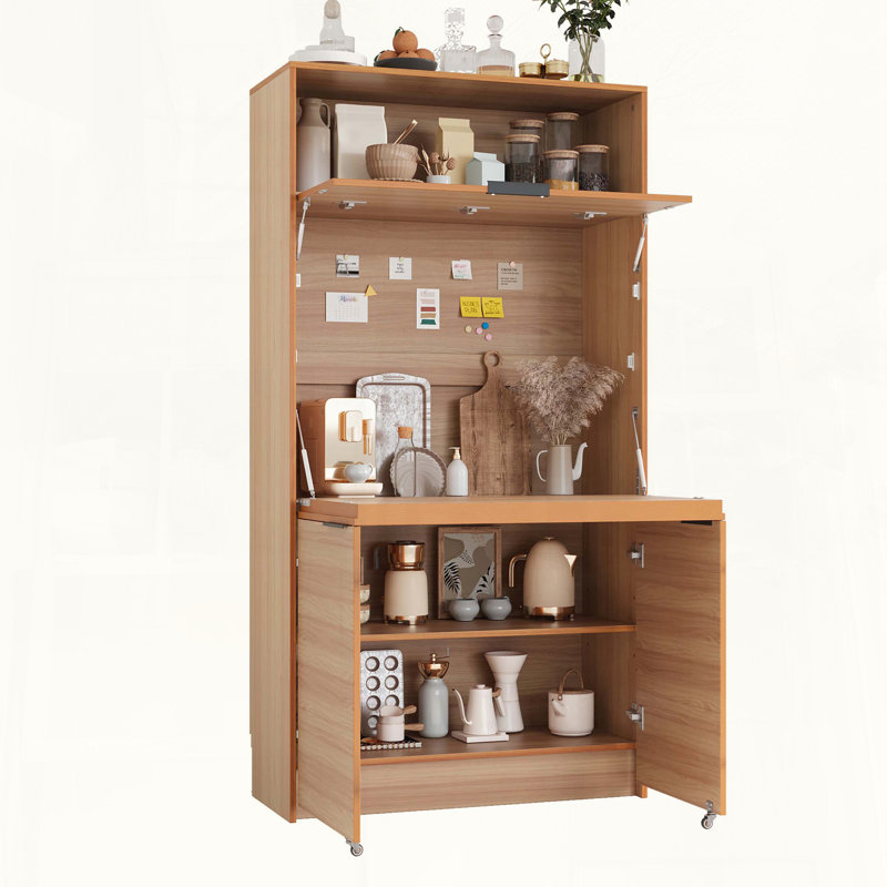 Buffet de cuisine compact avec poste de travail pliable et prise de courant, Brown