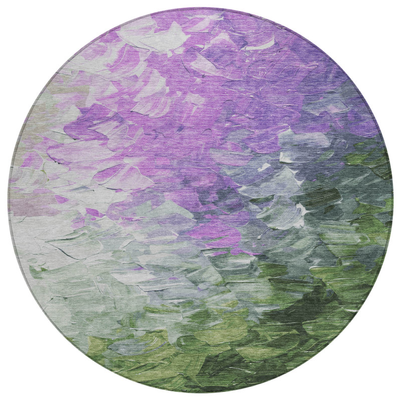 Tapis extérieur rond lavable abstrait 8 pi mauve vert olive et argenté