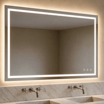 Miroir de salle de bain sans cadre à DEL avec température de couleur 3 et miroir de salle de bain anti-buée, rétroéclairé et éclairé à l'avant avec fonction de mémoire