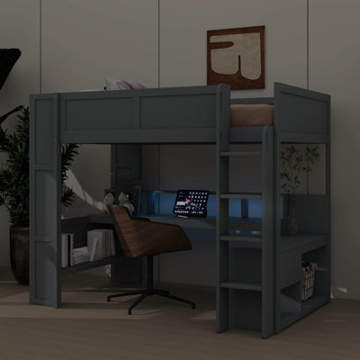 Wooden Full Size Loft Bed For Gaming, Includes Desk, Multiple Storage Shelves, And Charging Station