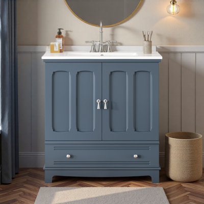 Meuble-lavabo 30 po avec lavabo en céramique, meuble-lavabo à cadre en bois massif avec tablette réglable, tiroir avec cloison