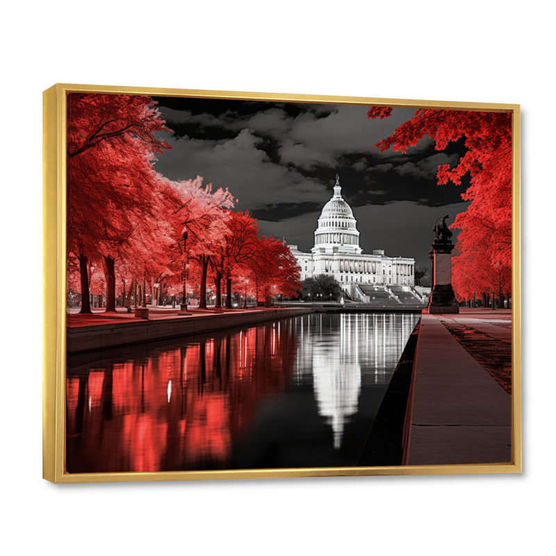 Monochromes de Washington DC, art mural grand Washington, Cadre flottant doré, H 16 po x l 32 po x P 1 po