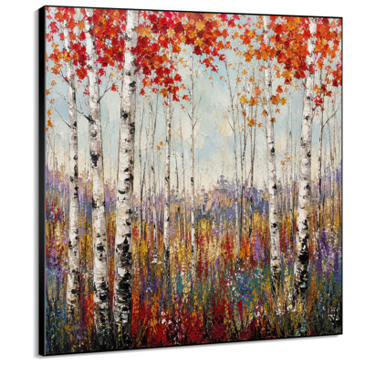 Impression sur tissu grand format - Forêt de bouleaux d'automne colorée avec fleurs sauvages pour salon ou chambre - « Assemblage du cadre requis (cadre non fini) »
