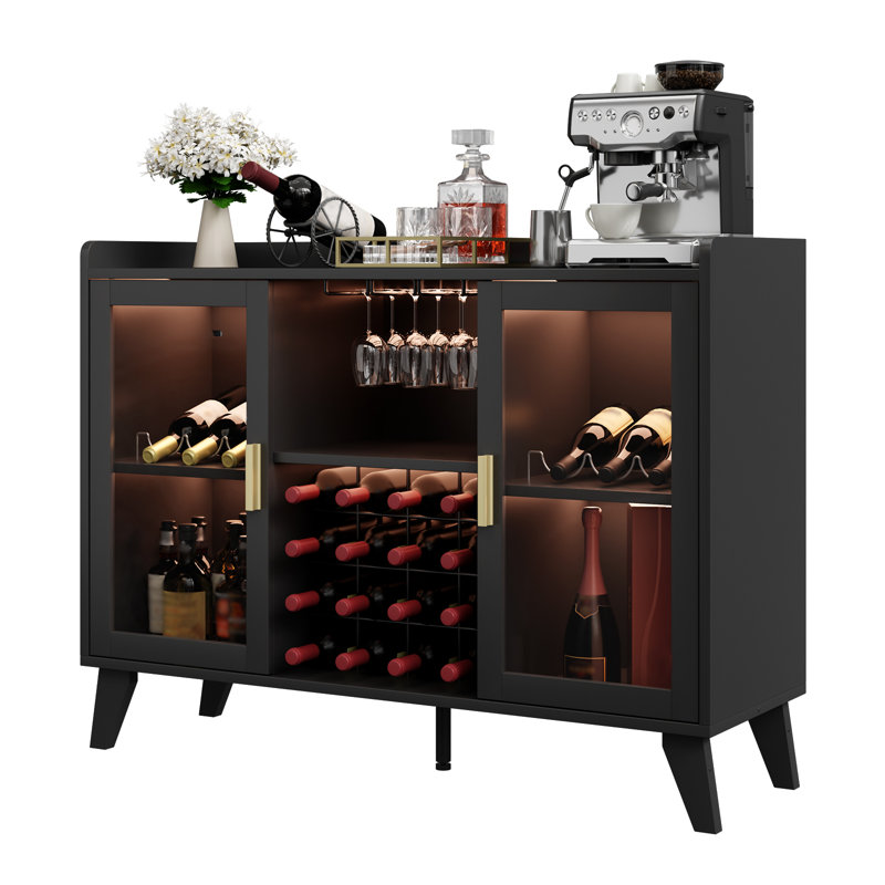 Armoire à vin à DEL avec support à vin, porte-verres et tablettes amovibles, buffet pour boissons alcoolisées et café