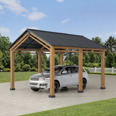 Abri d'auto de garage robuste à toit rigide en bois avec toit en acier et structure en bois pour abri de voiture avec toit en bois et toit en bois à pignon de 13 pi x 11 pi SUNJoy