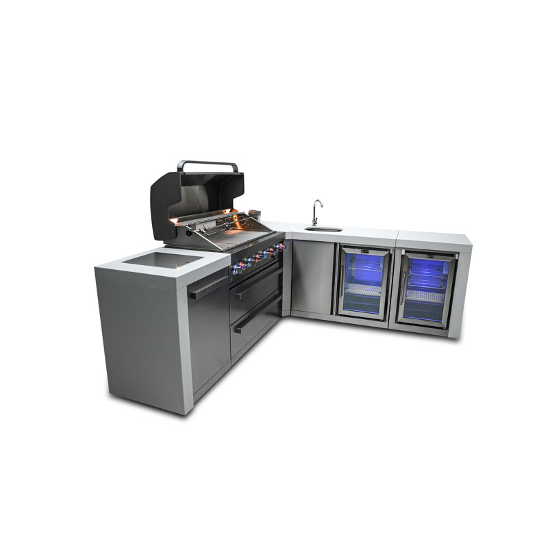 Mont Alpi 90 Degree Deluxe Stainless Steel Outdoor Island BBQ Grill + Beverage Center + Refrigerator