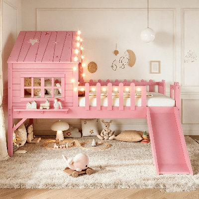 Lit mezzanine House, lit mezzanine en bois avec glissade, lumières DEL et fenêtre, lit maisonnette, lit d'enfant Playhouse, aucun sommier nécessaire, cadre de lit mezzanine Playhouse pour petite chambre d'enfant