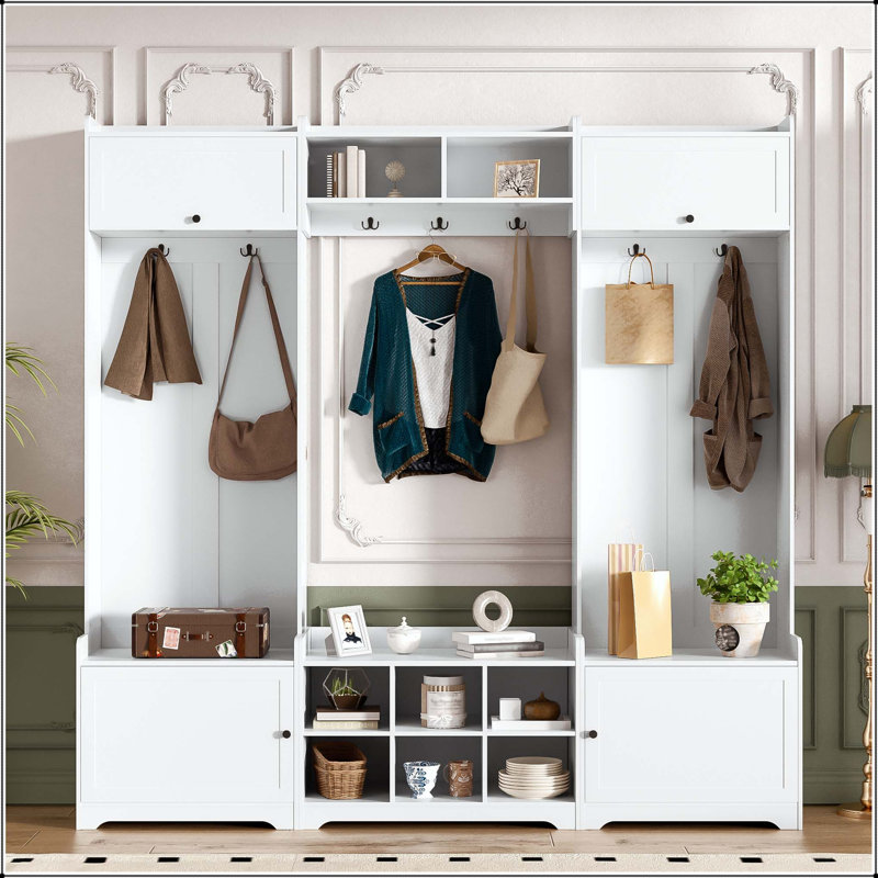 79.1" Wide Modern Hall Tree with Shoe Storage & 7 Hooks, White