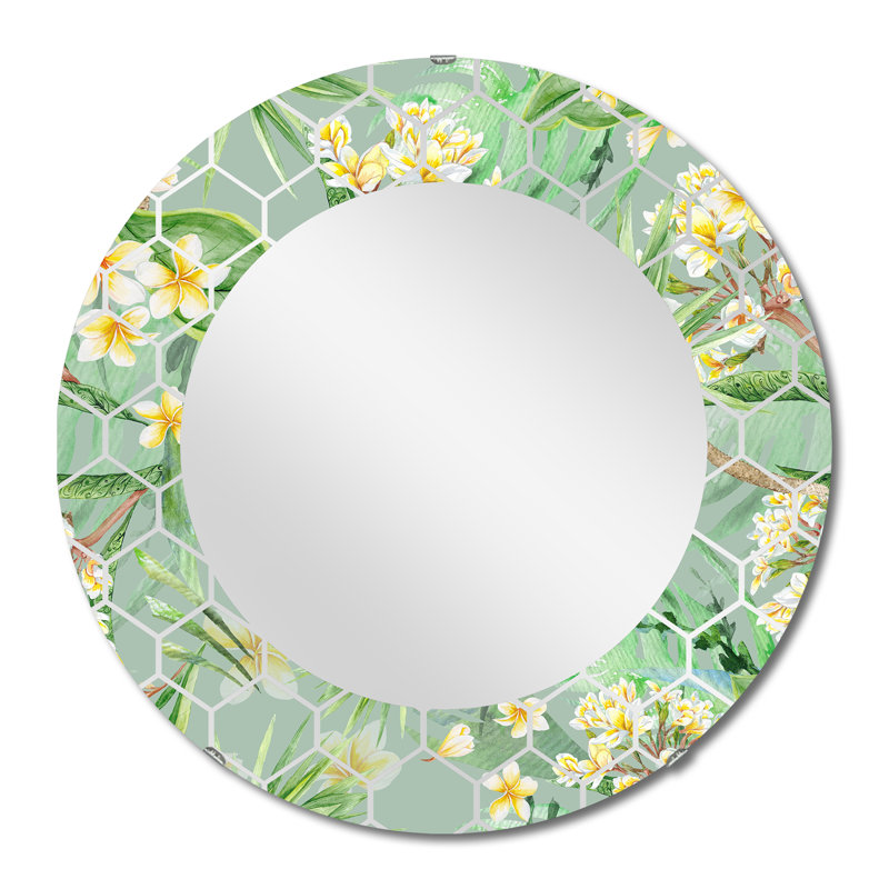 Miroir mural tropical feuillage tropical et fleurs jaunes, 32 po x 32 po