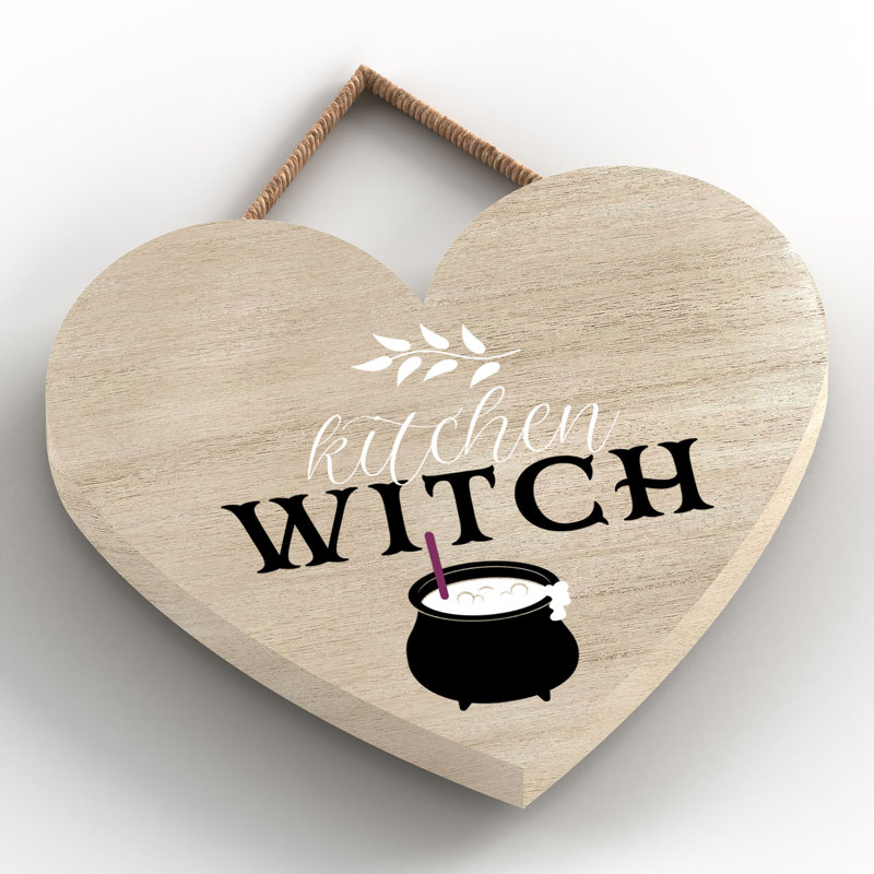 Kitchen Witch Wooden Heart Plaque, 10cm H x 9cm W x 0.5cm D, Brown
