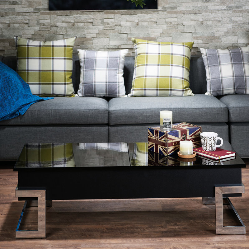 Table basse noire à plateau relevable ultrabrillant avec rangement dissimulé pratique, Noir