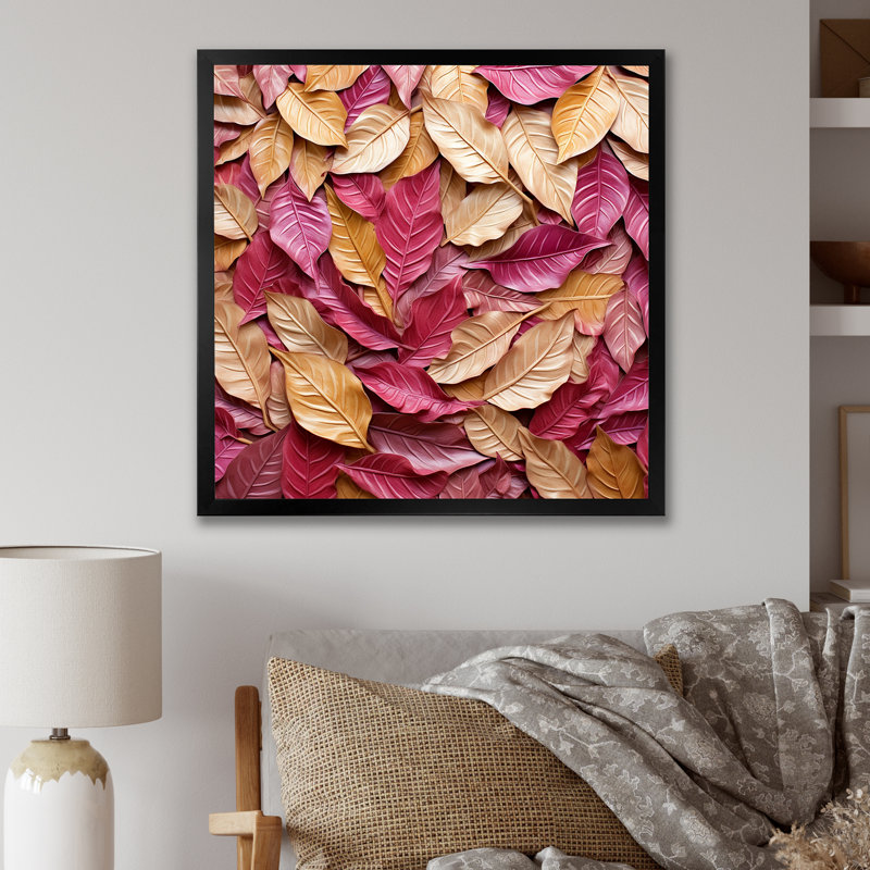 Or et feuilles roses, charme artistique II, H 16 po x l 16 po x P 1 po, Cadre simple noir