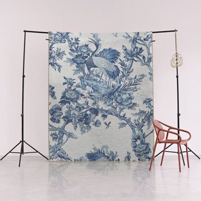 Tapis décoratif moderne à motif bleu arbre, fleur et cigogne
