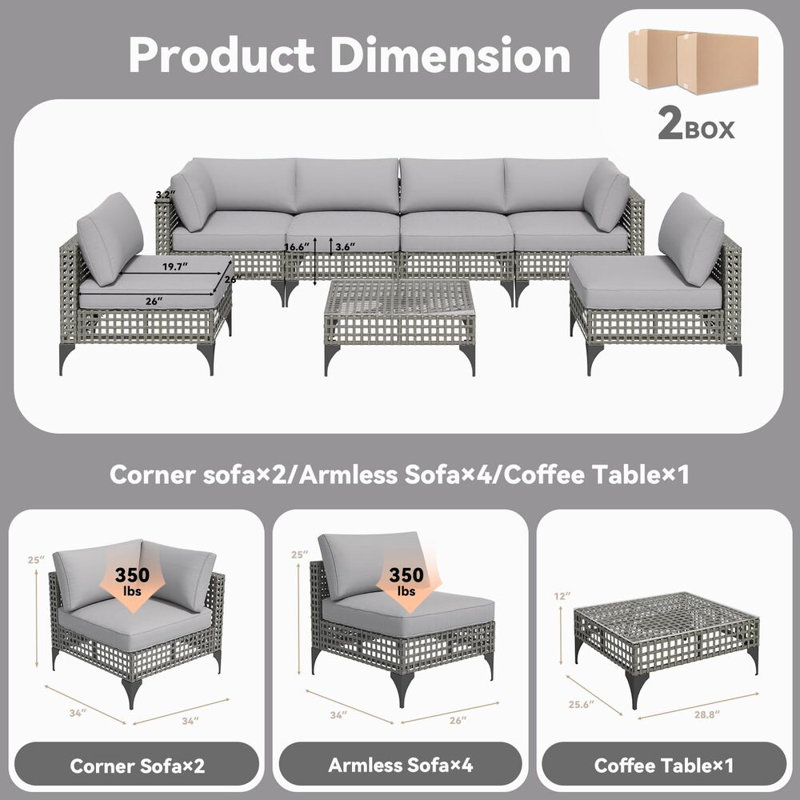 7-Piece Patio Outdoor Furniture Set With Table, Gray/LIght Gray