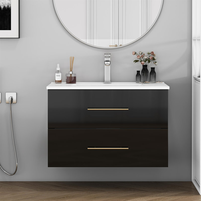 Ensemble de meuble-lavabo mural noir brillant 30 po avec lavabo, 30", Noir