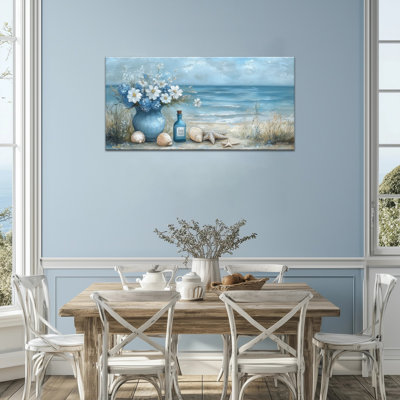 Coastal Canvas Wall Art - Beach Pictures Wall Decor, Ocean Painting Artwork, Nautical Art Prints for Living Room,Seashells Beachy Wall Decor, Frame Wrapped Canvas Pictures, 12×24 inches