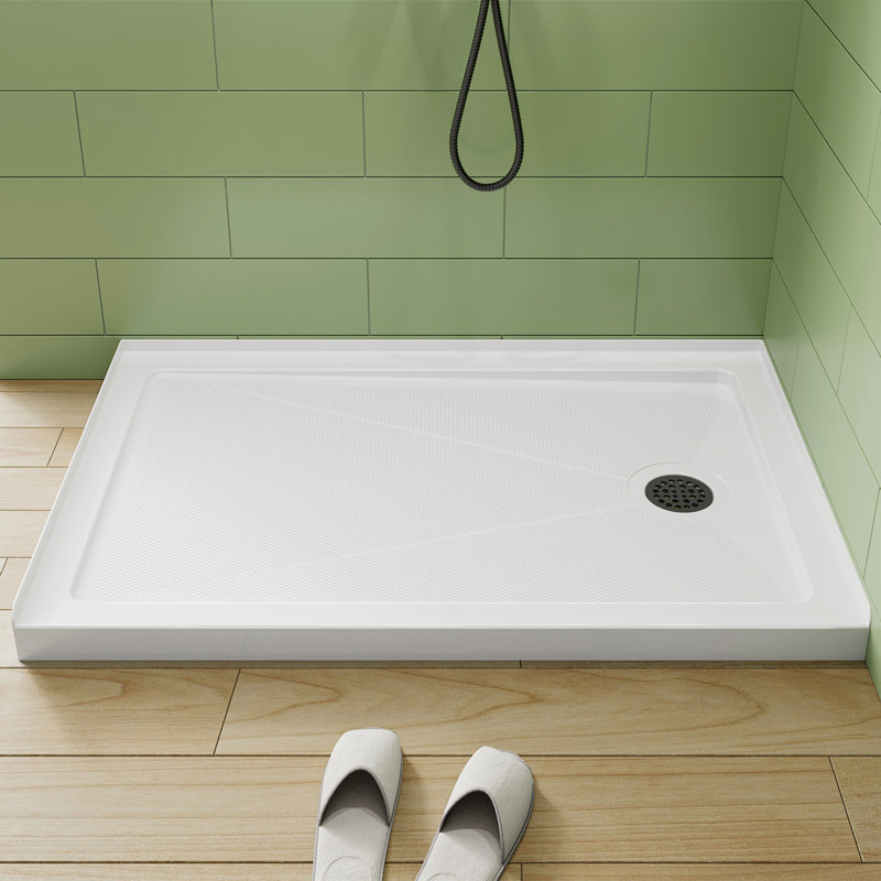 Base de douche blanche 48 po x 32 po avec ensemble de drain et couvercle de drain inclus, bac de douche antidérapant, Droite