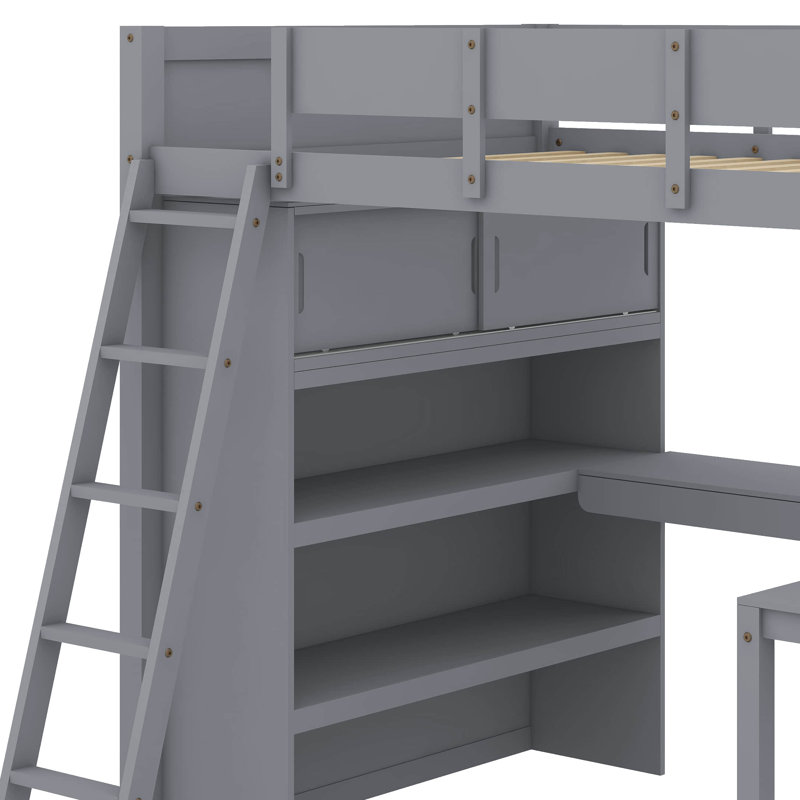 Full Size Loft Bed With Desk, Grey