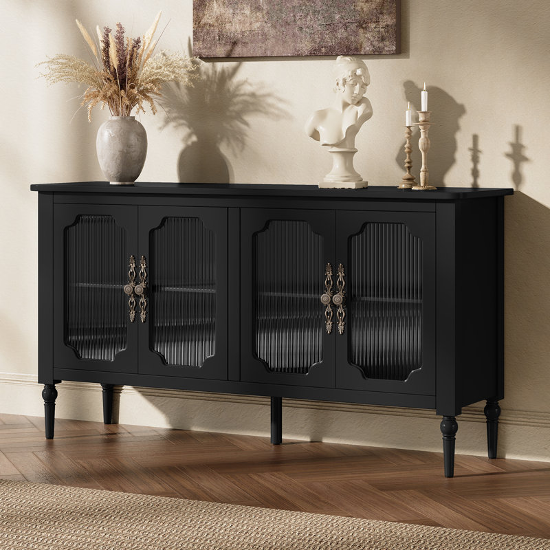 Buffet 58 po 58 po, 4 portes en verre trempé cannelé avec pieds en bois massif, Noir